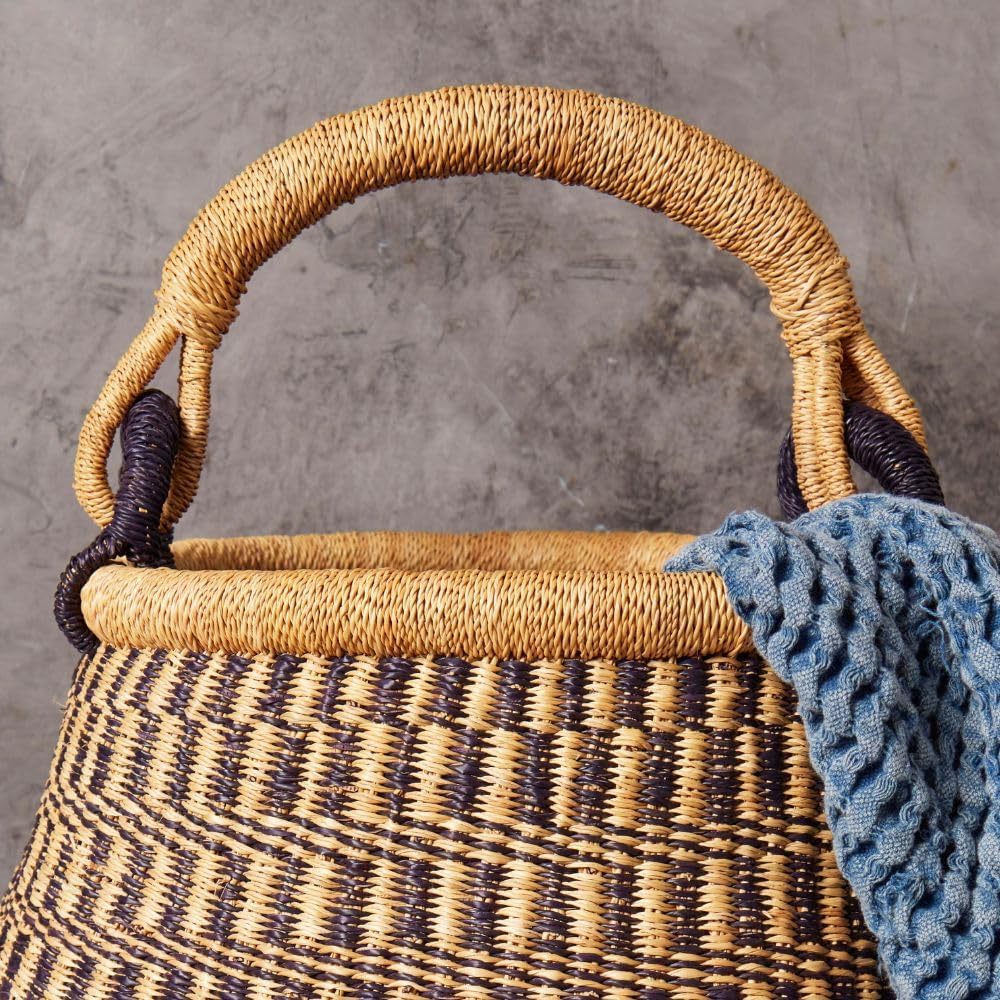 Home & Kitchen Decor, Wicker Basket, Picnic Basket, Living Room Basket, Organizing, Harvesting, Foraging, Fruit Storage, Hand Woven, Pot Shape, 16" Wide, Boho - Natural Navy