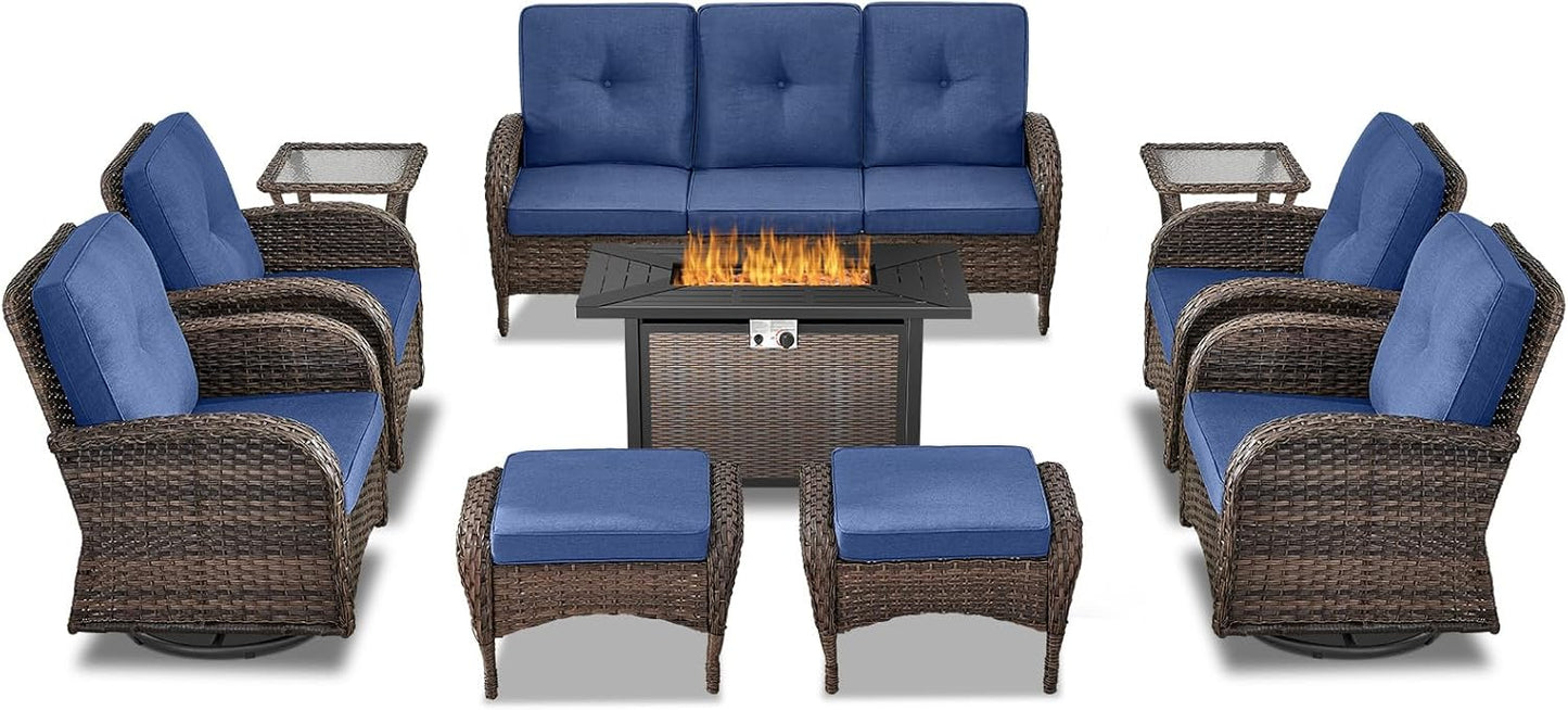 Expansive 10 Pieces Outdoor Patio Furniture Set with 43” Propane Fire Pit Table, Patio Conversation Set with Swivel Rocker Outdoor Chairs Set of 4 and Sofa, Ottoman and Wicker Side Table Brown