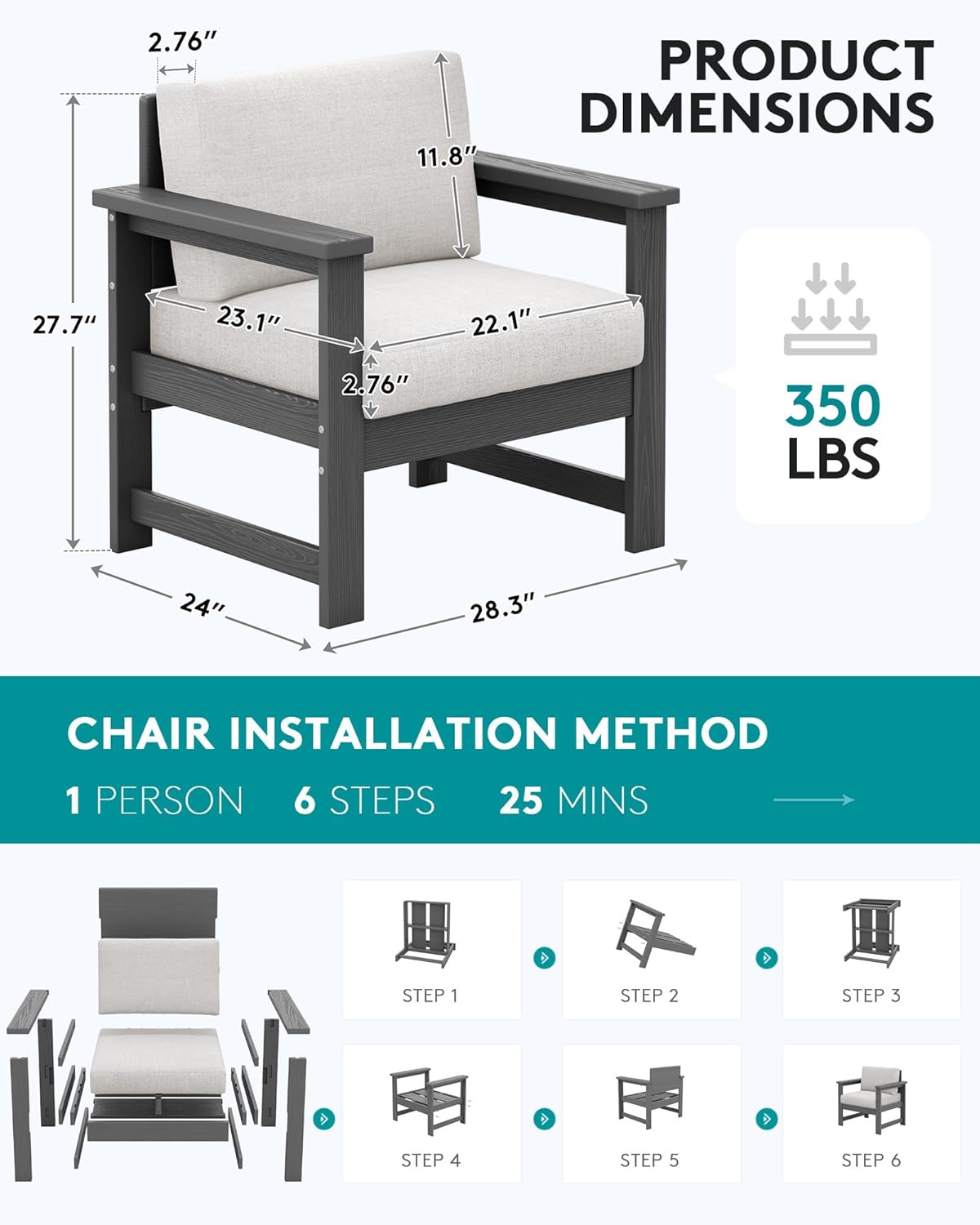 SERWALL 2 Pieces Single Cushioned Sofa Chair, Grey HDPE Outdoor Adirondack Lounge Armchair with Khaki Cushion