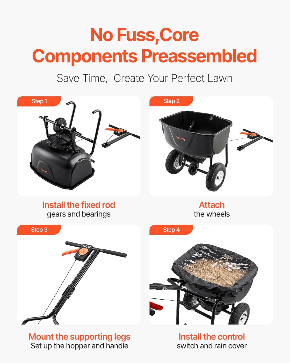 VEVOR Broadcast Spreader, 60LBS Capacity, Walk-Behind Push Spreader, 0-9.8 ft Spreading Width, 10 in All Terrain Pneumatic Tires, Lawn Spreaders with Hopper Grate, for Seed, Fertilizer, Ice Melt