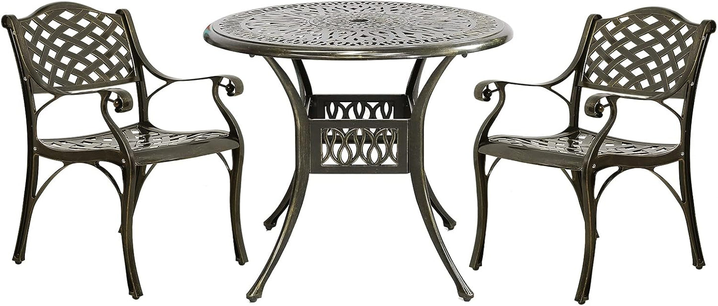 MEETWARM 3 Piece Patio Bistro Set, Outdoor All-Weather Cast Aluminum Dining Furniture Set Includes 2 Chairs and a 35.4” Round Table with Umbrella Hole for Garden Deck