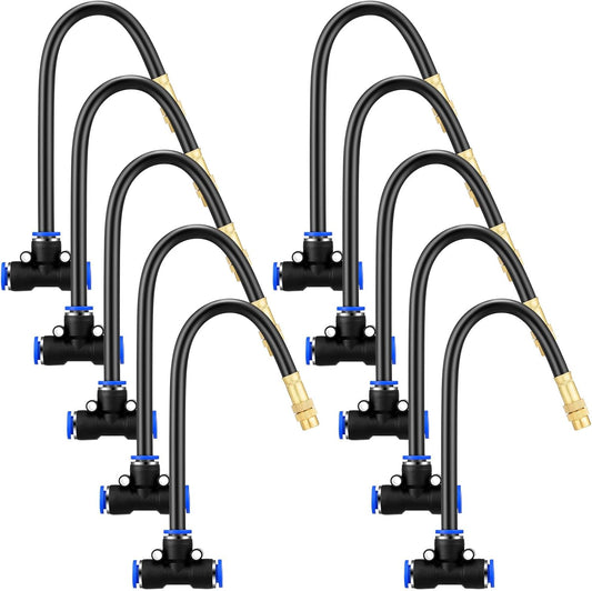 Zonon 10 Pcs Brass Misting Nozzles Tee with 8 Inch Built in Hose 360 Degree Rotation Adjustable Water Mister Nozzles Thread Sprayer 0.043" Misting Parts and Accessories for Patio Outdoor Cooling