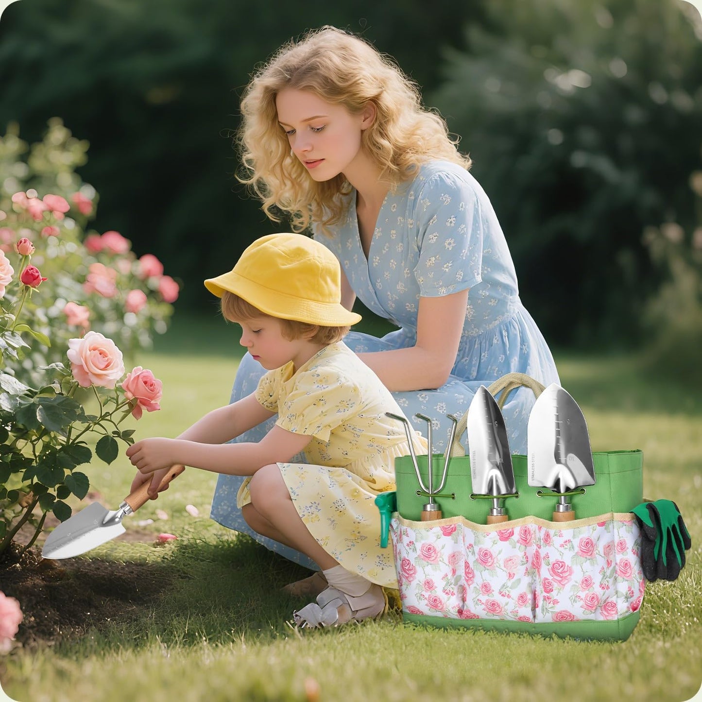 Garden Tool Set,10 Piece Garden Kit,Heavy Duty Stainless Steel Gardening Hand Tools with Durable Storage Tote,Rust-Proof Garden Tools,Gardening Gifts for Women Men Pink Floral Pattern Design