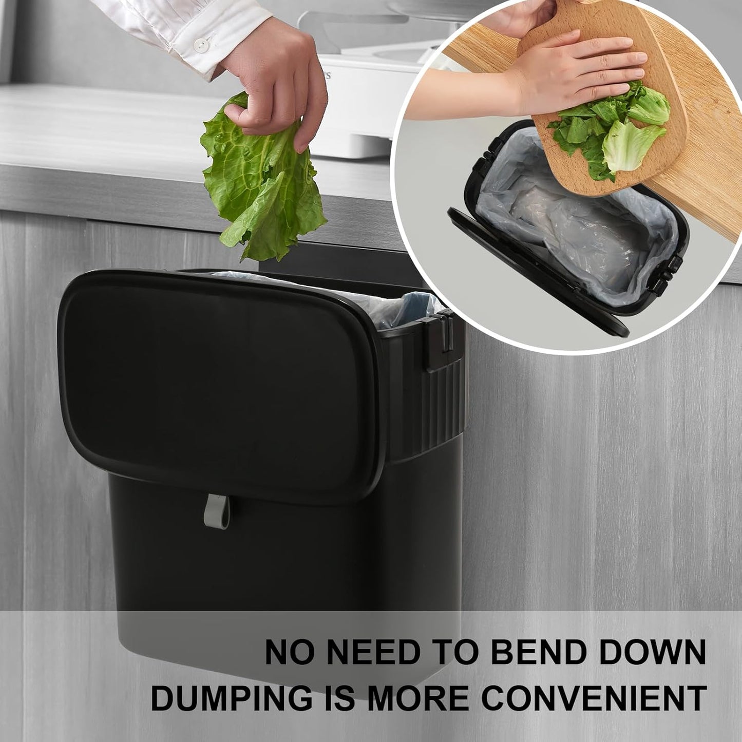 ELPHECO Hanging Trash Can with Lid 2.5 Gallon Kitchen Compost Bin for Under Sink, Plastic Wall-Mounted Garbage Can, Small Kitchen Trash Bin, Small Trash Can with Lid for Office, Bathroom, Black