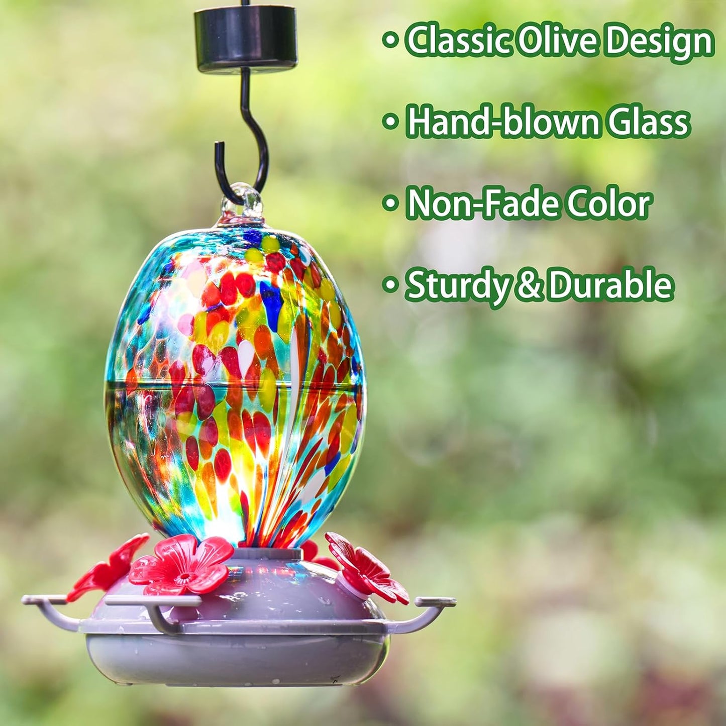 Muse Garden Hand Blown Glass Hummingbird Feeder - 19OZ Plastic Base Humming Bird Feeders for Outdoors Hanging, Garden Decor Gifts for Bird Lovers, Blue Fireworks