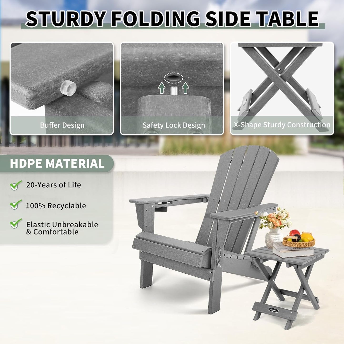 FUNBERRY Outdoor Folding Adirondack Side Table, Portable No Assembly Patio End Table HDPE All Weather
