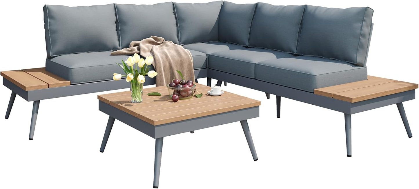 Outdoor V-Shaped 4-Piece Alum Patio Sofa Set, L-Shaped Conversation Set with Coffee Table, Aluminum Frame, Faux Wood, Outdoor Sectional Sofa Set for Garden