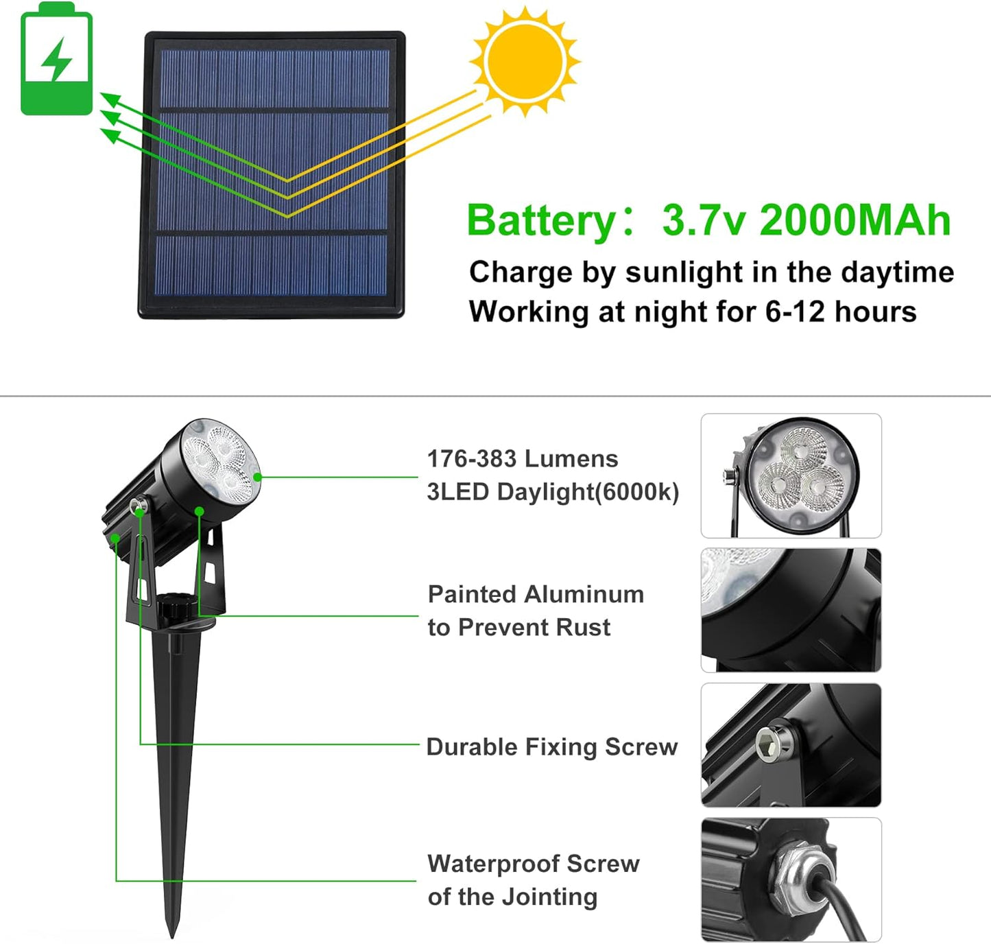 Solar Spot Lights Outdoor, 3-in-1 Garden Spotlights IP65 Waterproof 9.8ft Cable, 5W 4000mAh Separated Solar Panel, Auto On/Off for Tree Patio Yard Driveway Pathway Pool(Cold White 6000K)