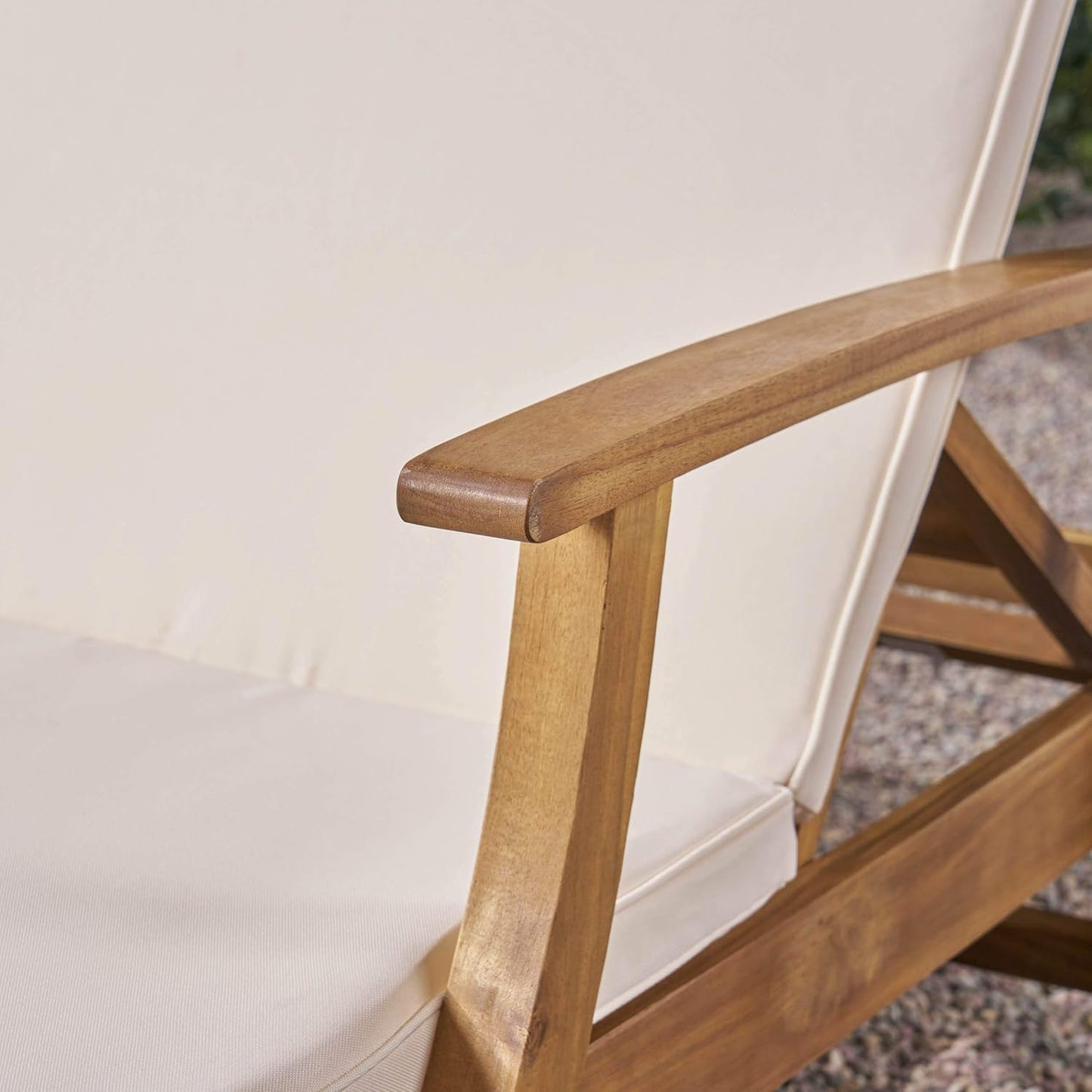 Great Deal Furniture Samantha Double Chaise Lounge for Yard and Patio, Acacia Wood Frame, Teak Finish with Cream Cushions, (307569)