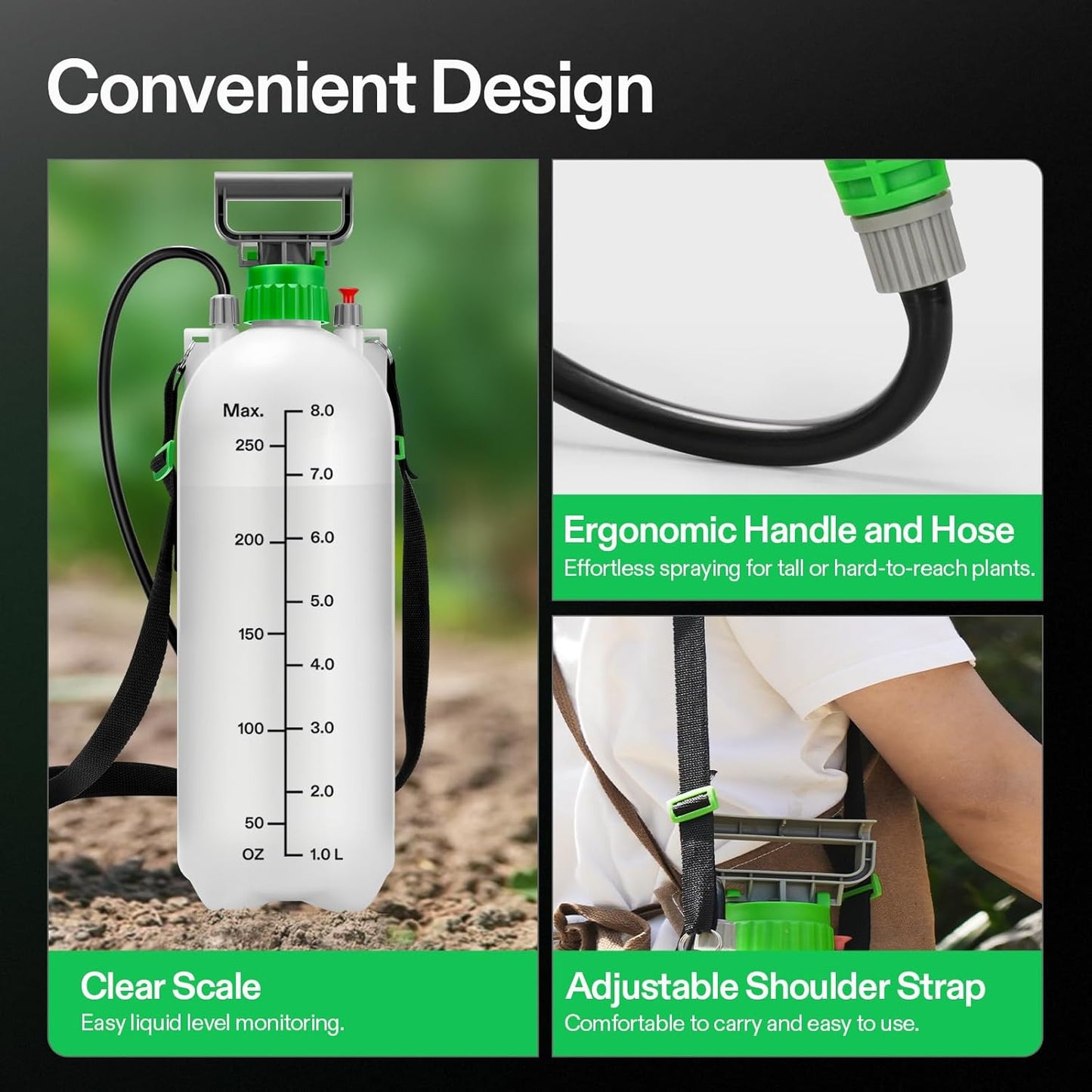 VIVOSUN Pump Sprayer 2.1 Gallon, Portable Water Spray Bottle in Lawn and Garden Yard, Weed Sprayer for Plants with 3 Nozzles, Adjustable Shoulder Strap, Pressure Relief Valve