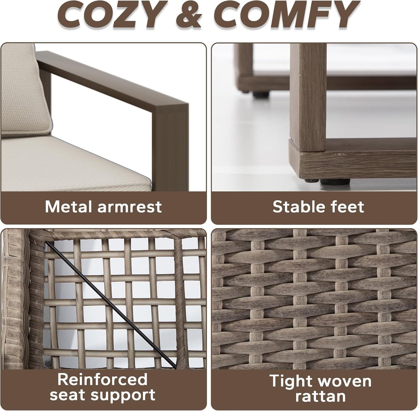 Outdoor Wicker Metal Chairs Set of 2 with Two Ottomans, 360 Degree Glider Rockers Armchairs, 4 Pieces Patio Bistro Set with Wood-Looking Metal Armrest for Poolside, Terrace, Beige