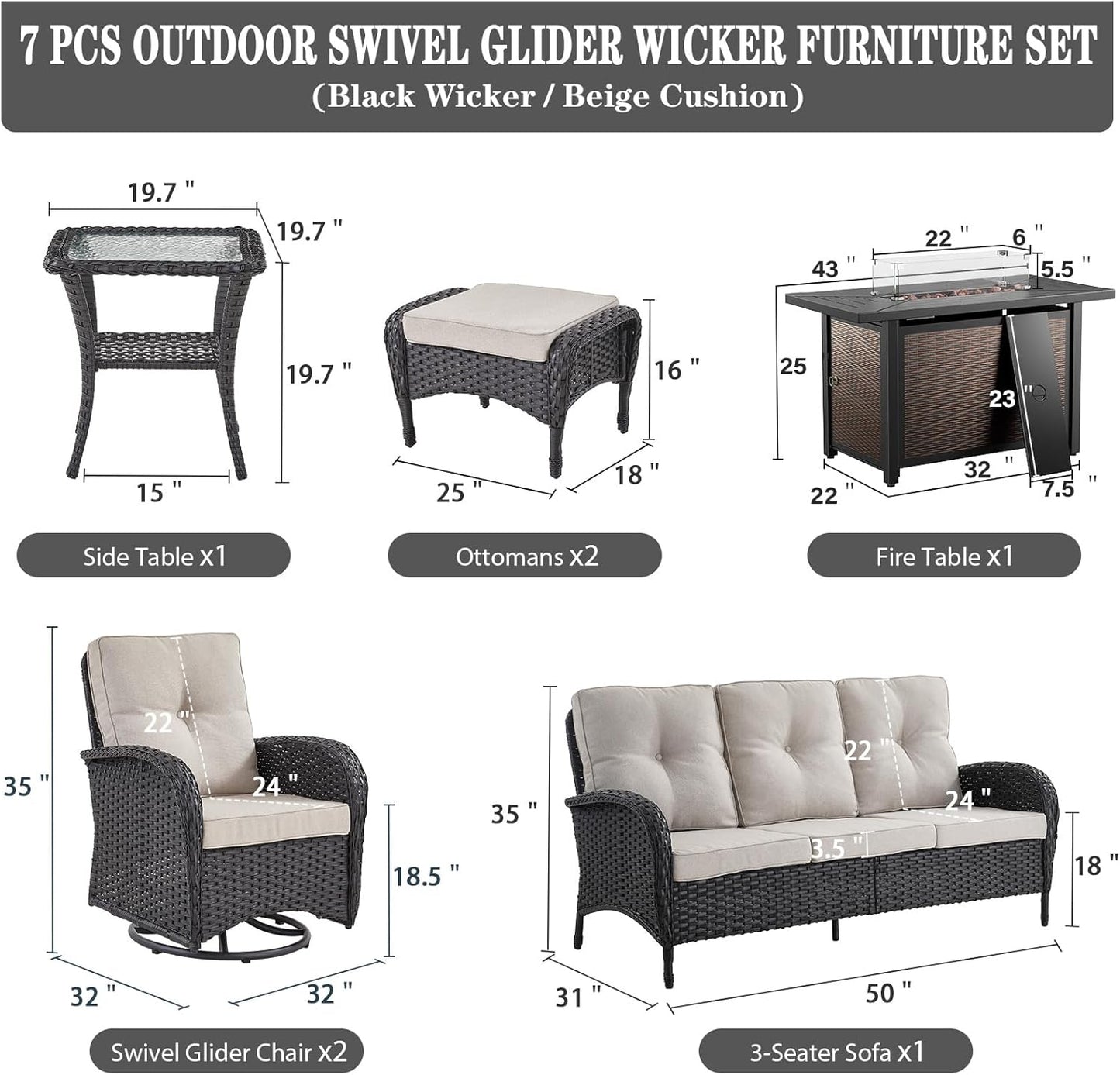 8 Piece Patio Furniture Set with 50000 BTU Propane Fire Pit Table, Outdoor Conversation Set with 2 Swivel Rocker Chairs Wicker Sofa and Ottomans for Casual Gatherings Black