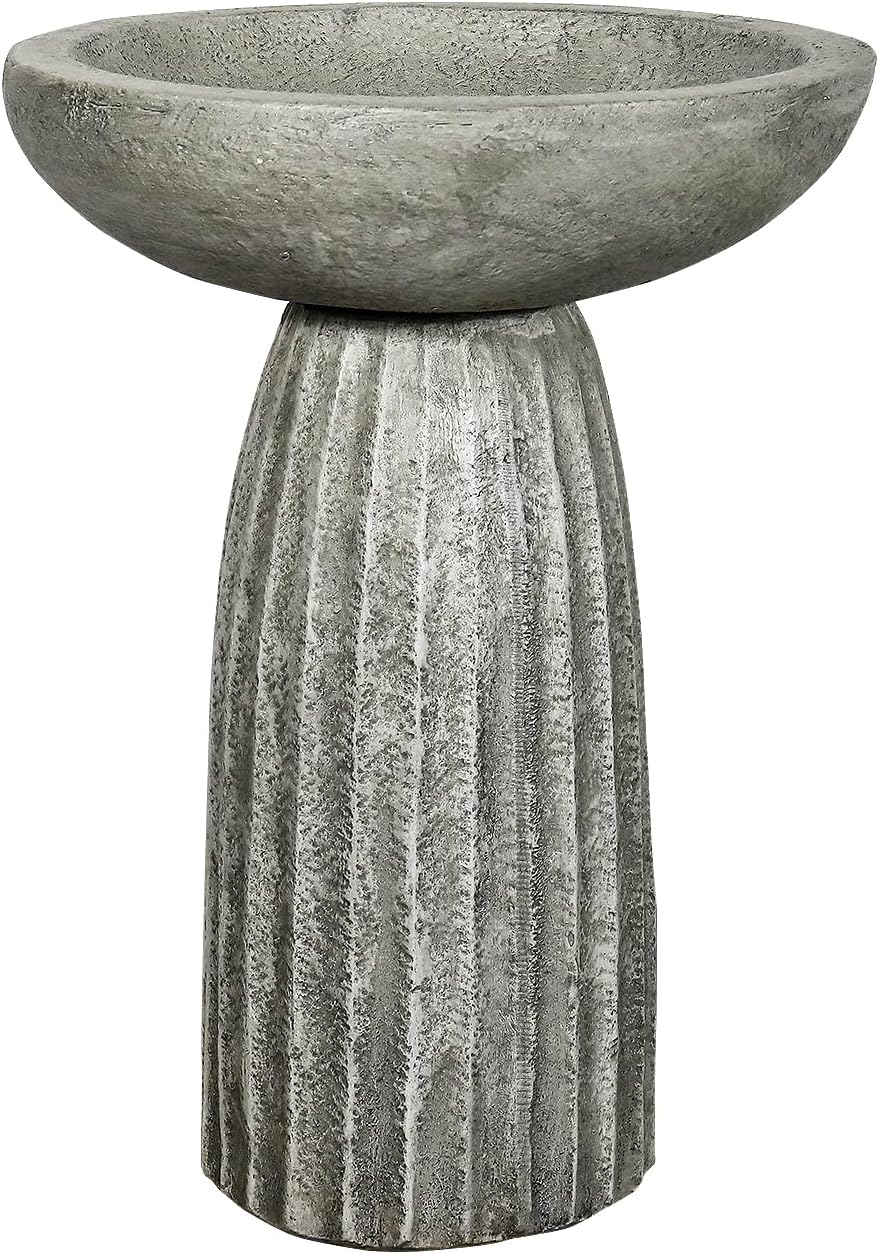 SunJet Modern Bird Bath, 24.4inches Height Fibre-Reinforced Concrete Birdbath with Textured Pedestal for Outdoor Garden, Yard, Lawn Decor