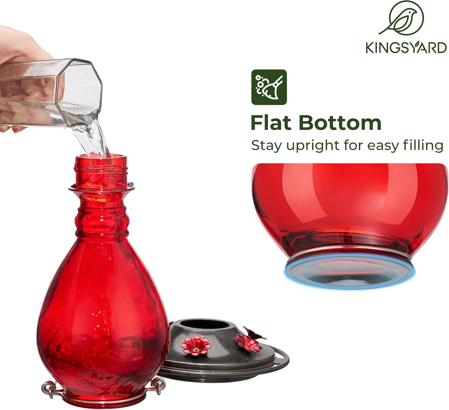 Kingsyard Glass Hummingbird Feeder - 6 Bee Guard Feeding Ports & Ant Moat, 24 oz Leak Proof, Wild Bird Feeder for Outdoors Hanging, Easy to Clean & Refill, Garden Yard Décor, Red