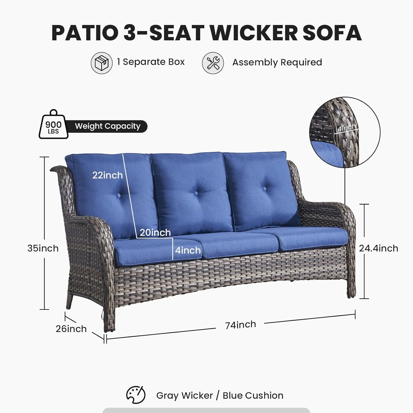 Outdoor Furniture 3-Seater Rattan Sofa Patio Wicker Sofa Couch Furniture Set with Washable Cushions