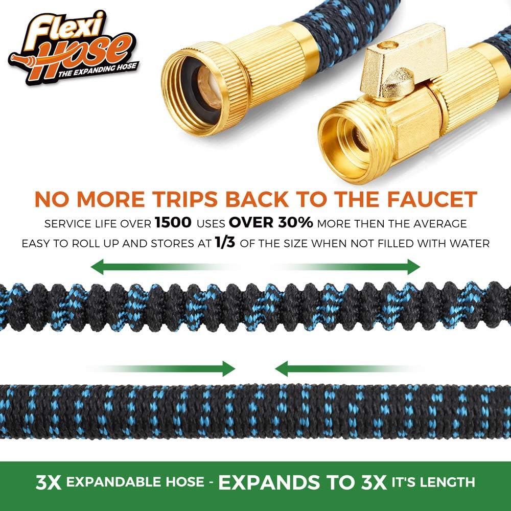 Flexi Hose with 8 Function Nozzle, 75FT - Lightweight Expandable Garden Hose, No-Kink Flexibility, 3/4 Inch Solid Brass Fittings and Double Latex Core