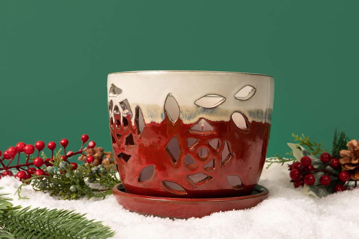 rePotme Orchid Pot - 5 inch Floral Cutout Ceramic Orchid Pot with Holes (Cream Over Garnet) - Includes Free 5 inch Slotted Pot Liner