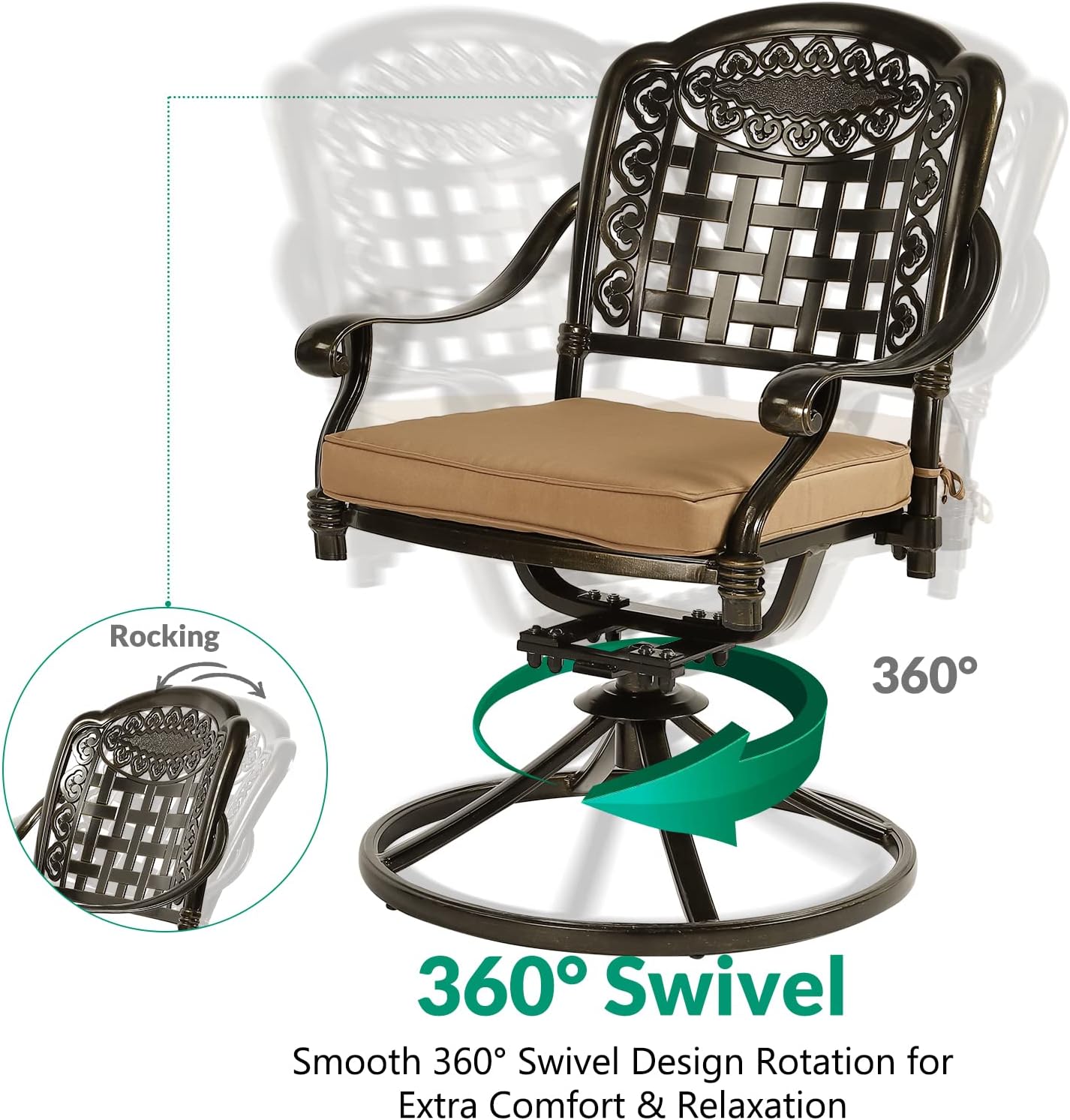 VIVIJASON 3-Piece Patio Bistro Set, Outdoor All-Weather Cast Aluminum Furniture Dining Set, Include 2 Swivel Chairs and 31" Round Table w/Umbrella Hole for Balcony, Lawn, Garden, Antique Bronze