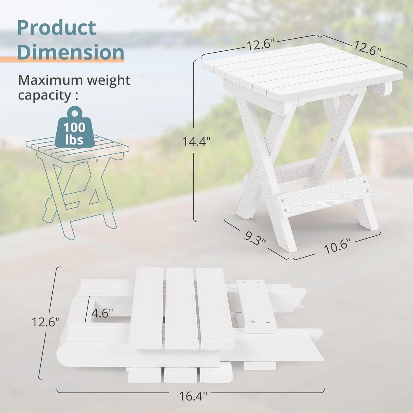 LUE BONA Small Outdoor Folding Side Table, HDPS Outside End Table for Patio, Porch, Deck, Pool, 14 Inch Height, White