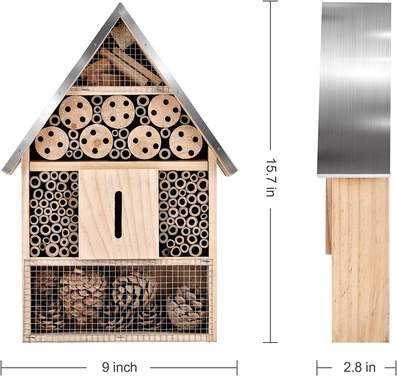 Wooden Mason Insect Bee Butterfly House,Insect Hotel,an Outdoor Hanging Bamboo Habitat for Bee Butterfly Ladybugs Live,Bee Box,Butterfly Habitat for Garden,9 x 15.7 x 2.5 Inch