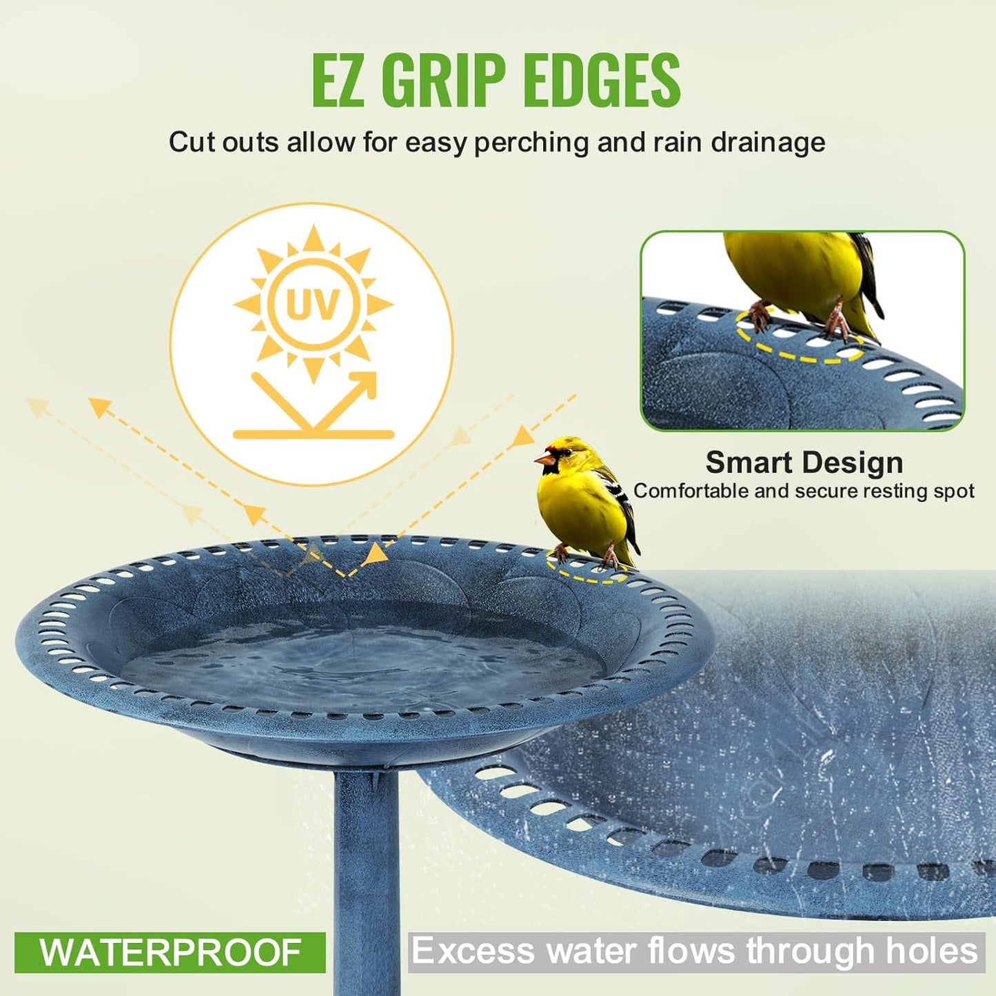 Backyard Expressions Outdoor Garden Bird Bath - Blue - Weather Resistant Polyresin - 27 Inch