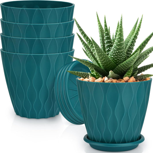 6 inch Plant Pots, 5 Pack Flower Pots Outdoor Indoor, Planters with Drainage Hole and Tray Saucer(Blue