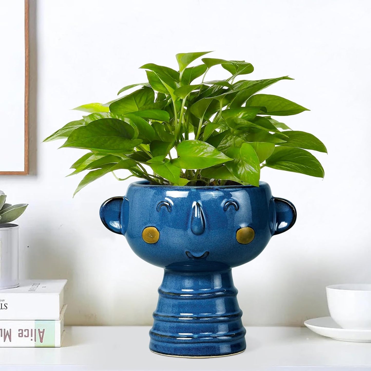 Face Planter Pot Head 7 Inch - Cute Ceramic Head Planter for Indoor Outdoor Plants Unique Flower Pot with Drainage Hole Gift Ideas for Christmas Blue