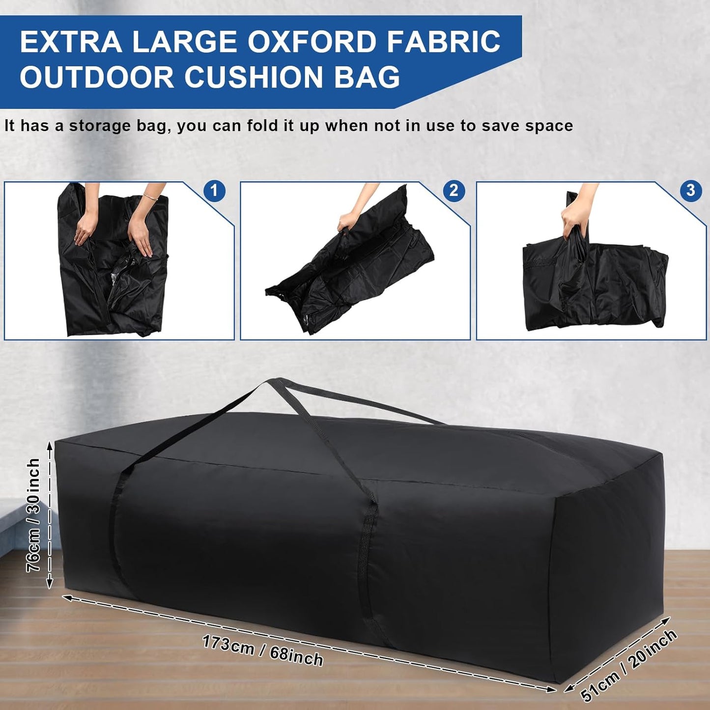 Silkfly 2 Pcs Patio Cushion Storage Bags 68" L x 30" W x 20" H Outdoor Cushion Storage Bag with Handles Waterproof Extra Large 420D Oxford Fabric Heavy Duty Zippered Furniture Pillow Protective, Black