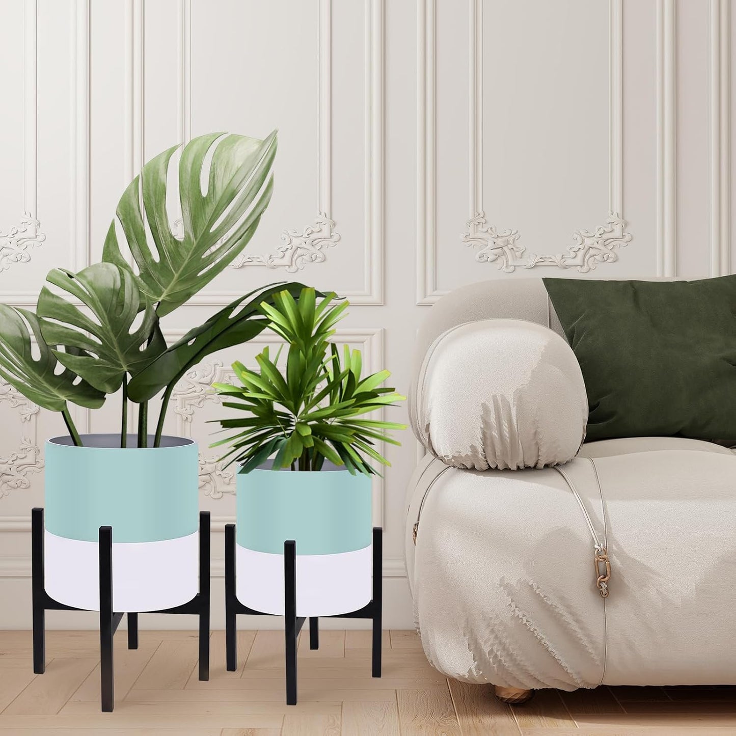 10 & 12 Inches Plant Pots with Stand-Large Indoor Planters with with Drainage Holes,Modern Planting Pots with White and Green Color Matching for Living Room, Office, Garden Or Balcony