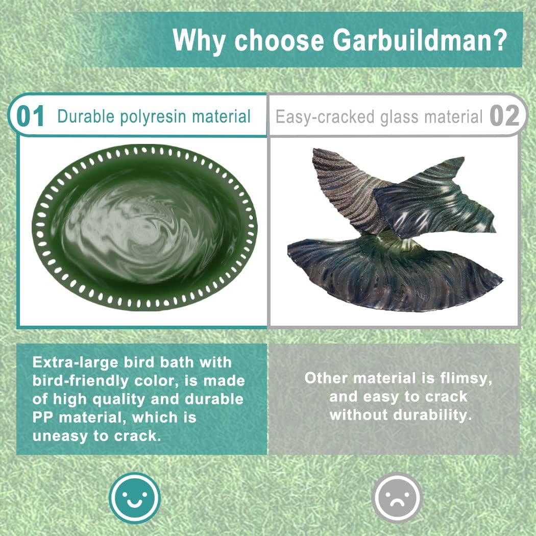 Garbuildman Extra-Large Freestanding Birdbath Bowl, Detachable Decoration Spa with Metal Stake Stand & Birdfeeder for Outdoor Garden, Oval Style, Green