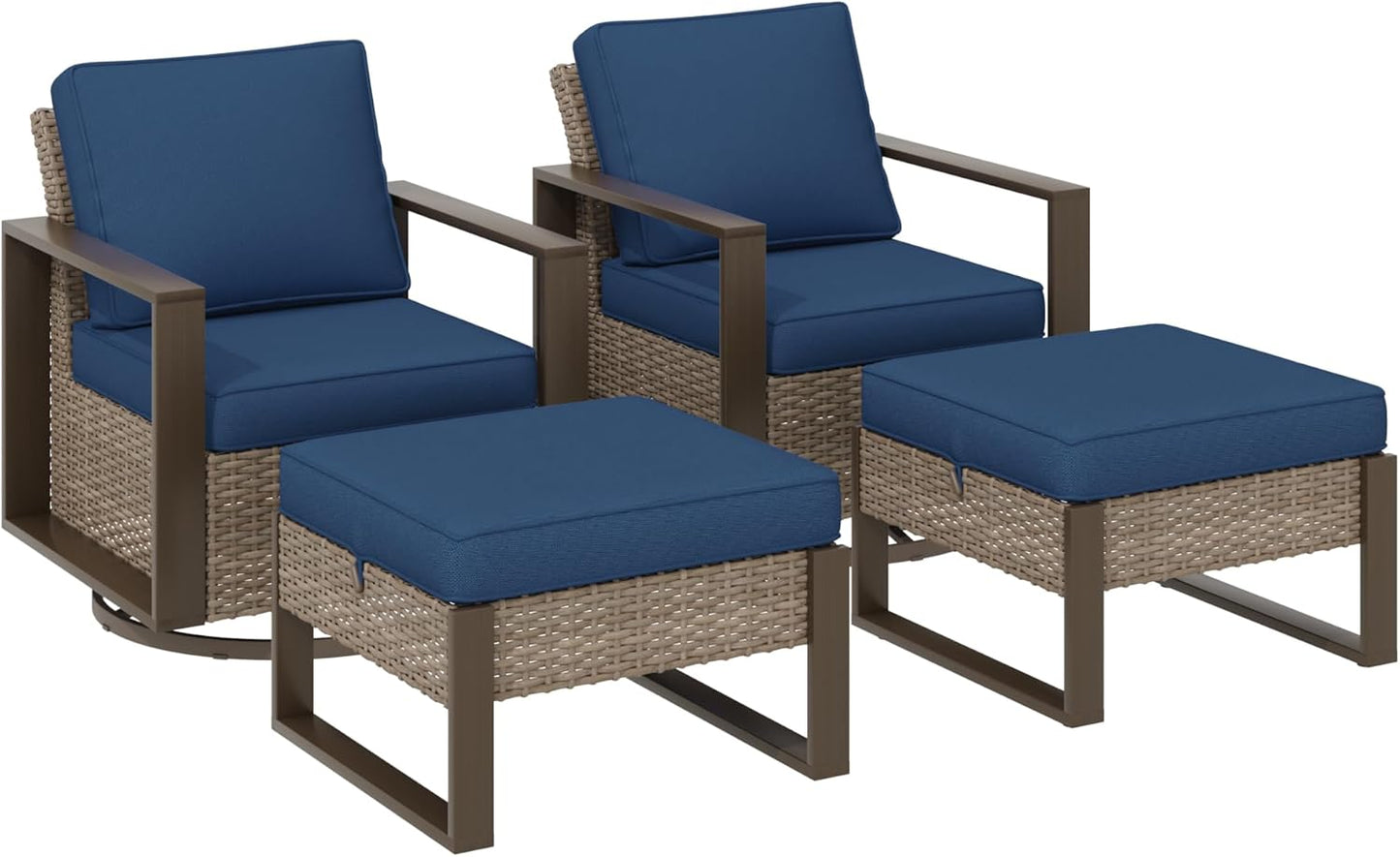 Outdoor Wicker Metal Chairs Set of 2 with Two Ottomans, 360 Degree Glider Rockers Armchairs, 4 Pieces Patio Bistro Set with Wood-Looking Metal Armrest for Poolside, Terrace, Dark Blue