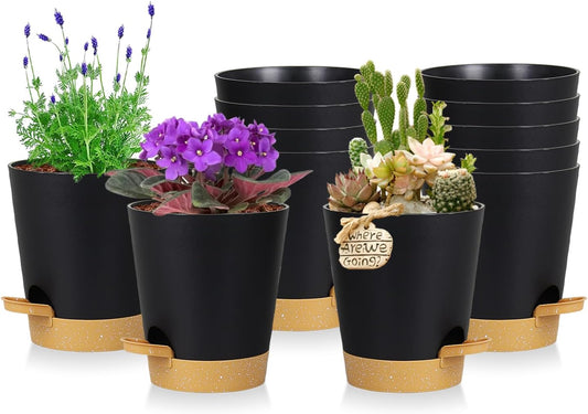 12 Pack 4 Inch Self Watering Plant Pots with Drainage and Saucers，Plastic Flower Pots for Indoor and Outdoor Plants, Nursery Planters for Houseplants and Herbs Black Brown, 4 inch 12pcs