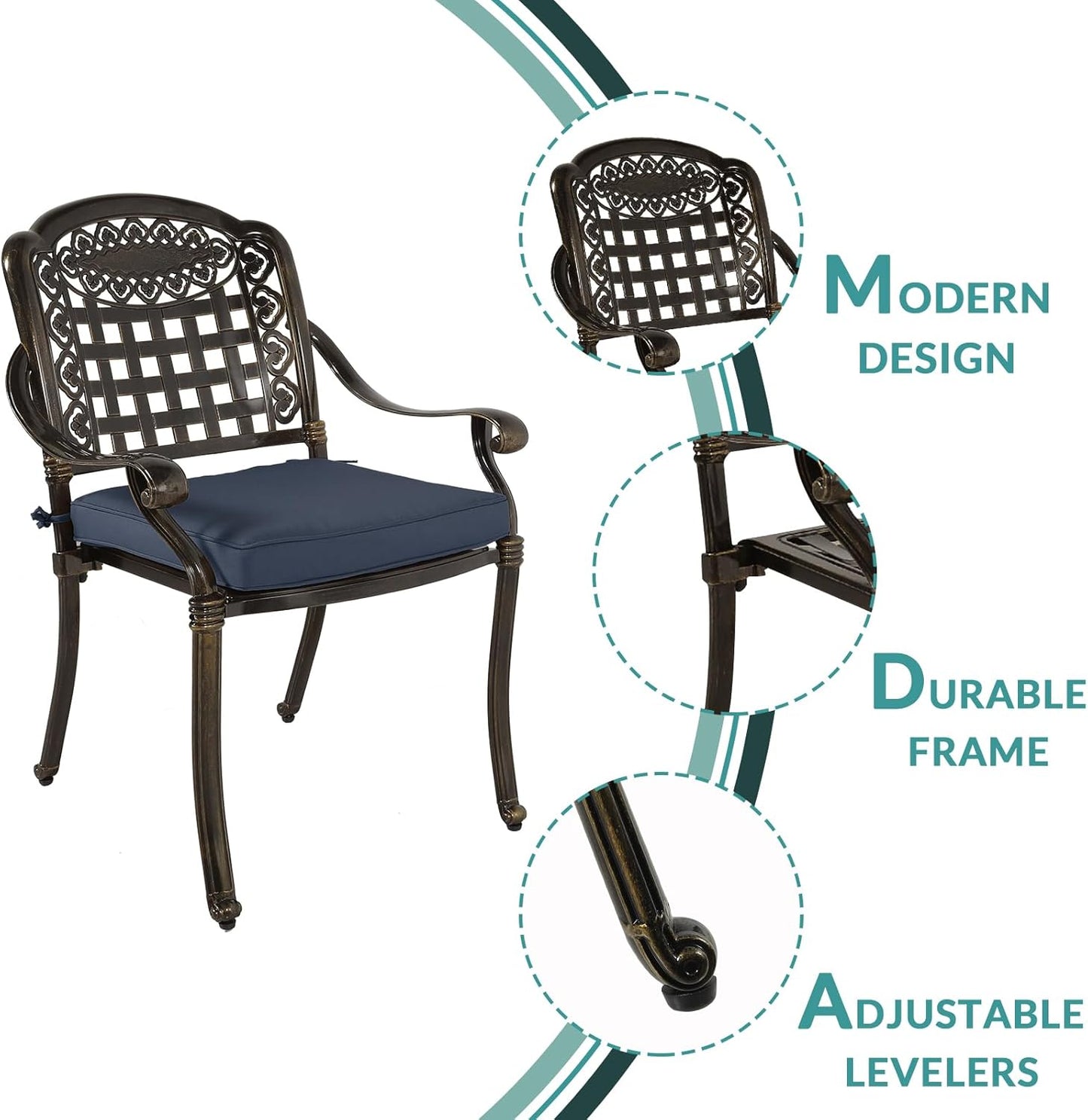 MEETWARM 3 Piece Patio Bistro Set, Outdoor All-Weather Cast Aluminum Dining Furniture Set Includes 2 Chairs with Cushions and a 31” Round Table with Umbrella Hole for Garden Deck, Navy Blue