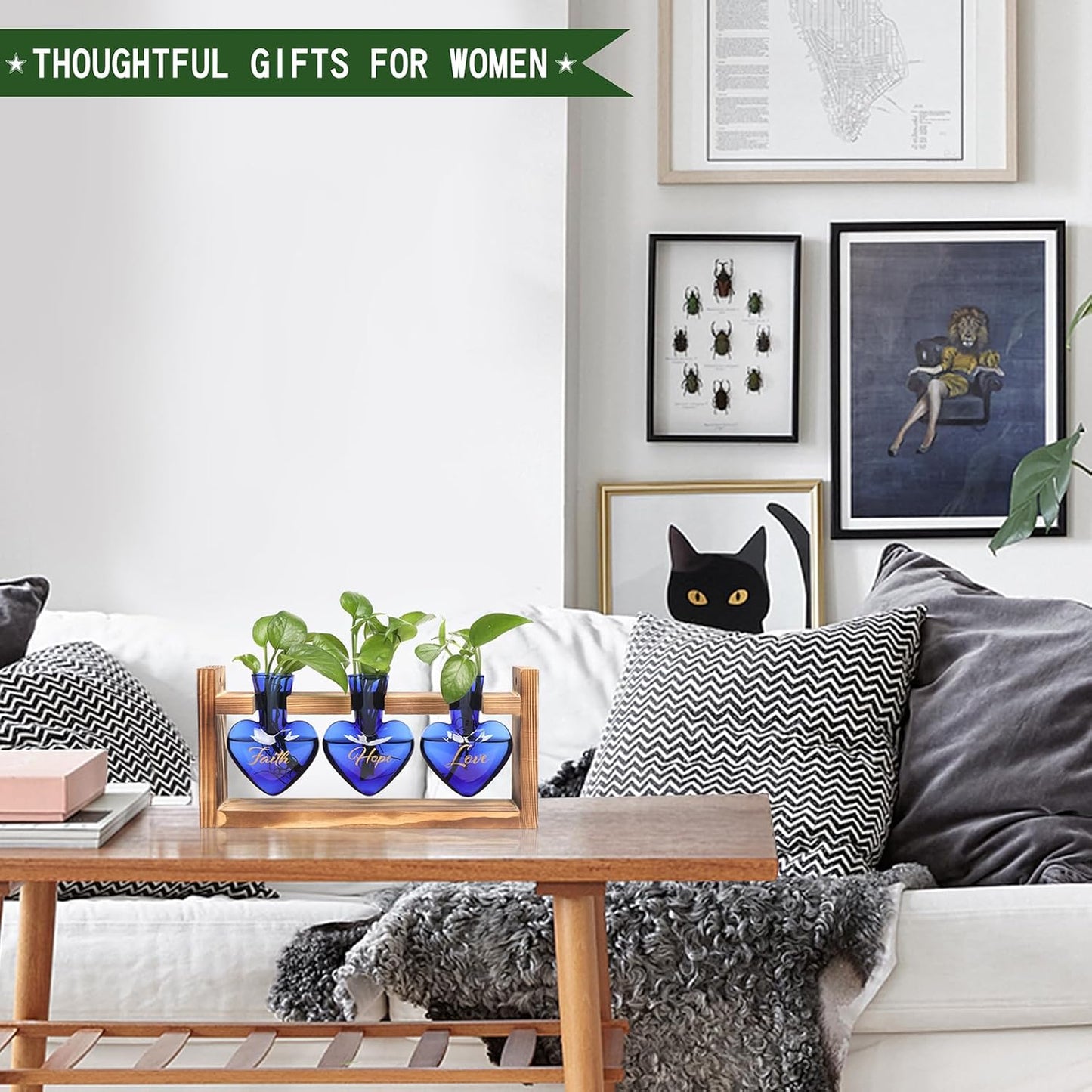 Plant Terrarium Propagation Stations Faith Hope Love Hydroponics Home Garden Decoration Gift for Women with Wooden Stand Heart Shaped Colored Glass Vase