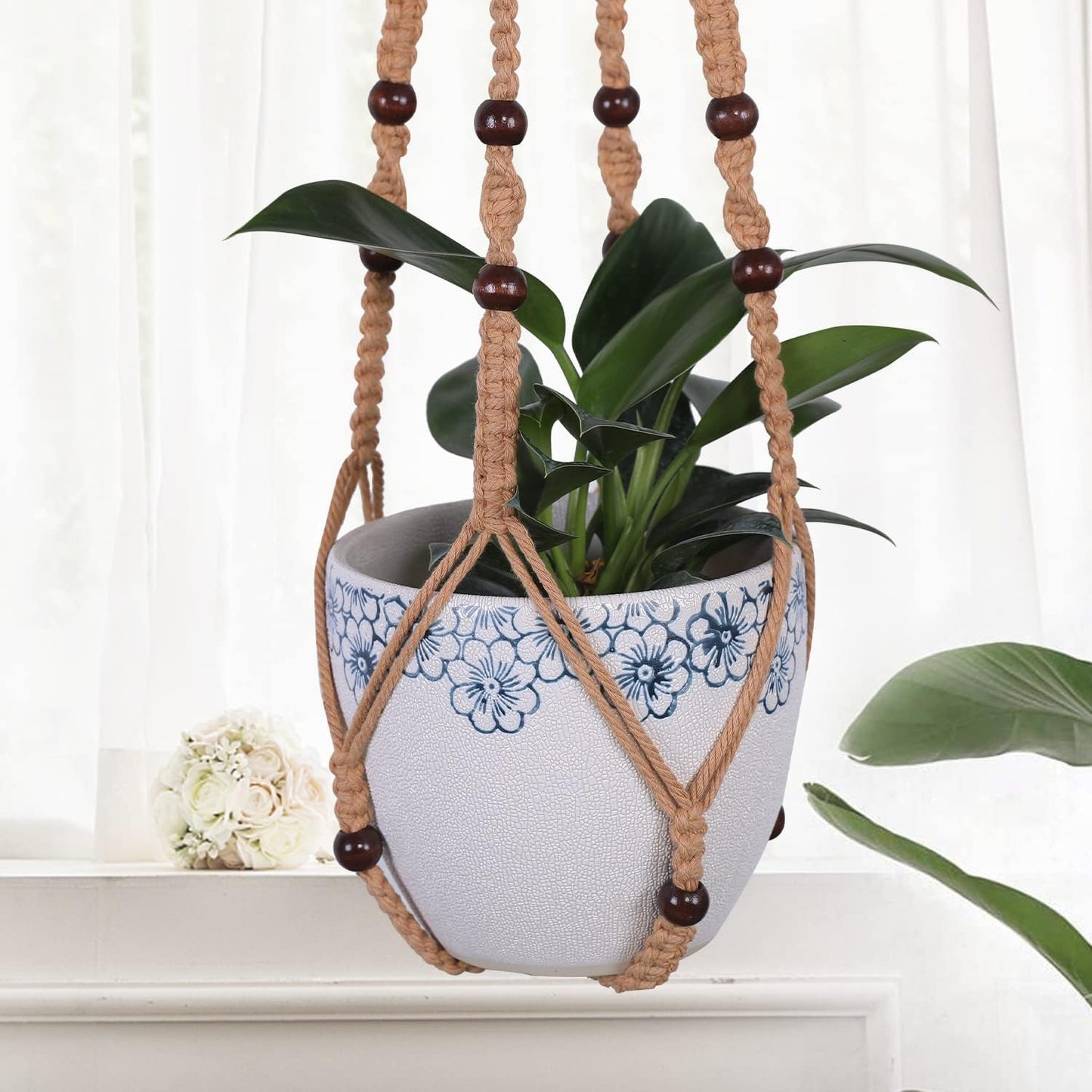 3-Pack Macrame Plant Hanger Indoor - Hanging Planter Basket for Indoor Outdoor - Decorative Boho Plant Holders Set with Beads - Ceiling Flower Pot Holder with 6 Hooks - 35"/30"/24" Brown
