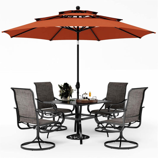 PHI VILLA Patio Table and Chairs Dining Set with Umbrella for 4, Outdoor Dining Set with 4 Swivel Patio Chairs, 1 Square Metal Dining Table and 10ft Orange Red Large Patio Umbrella (No Umbrella Base)