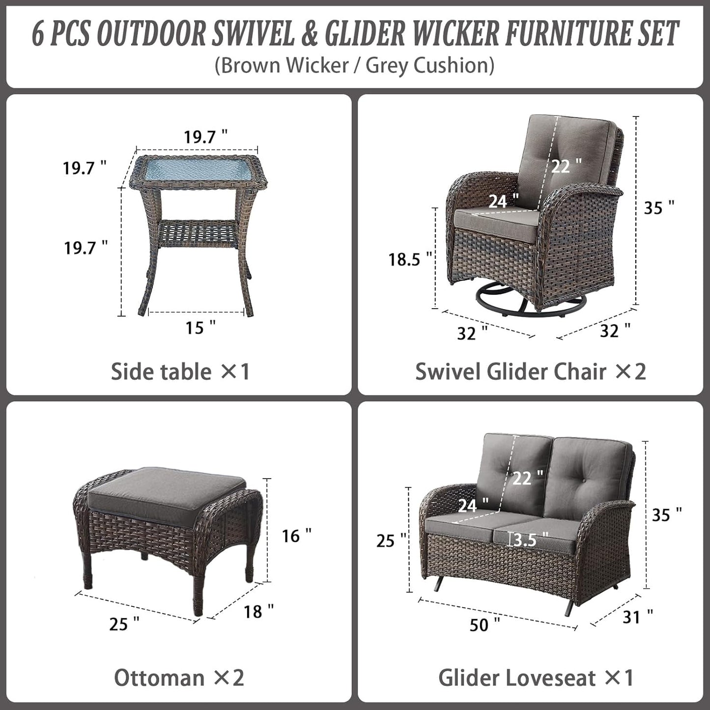 6 Piece Patio Conversation Sets - Wicker Patio Furniture Sets with Outdoor Swivel Rocker Chairs, Glider Loveseat Perfect for Patio Deck Backyard, Brown Wicker Grey Cushion