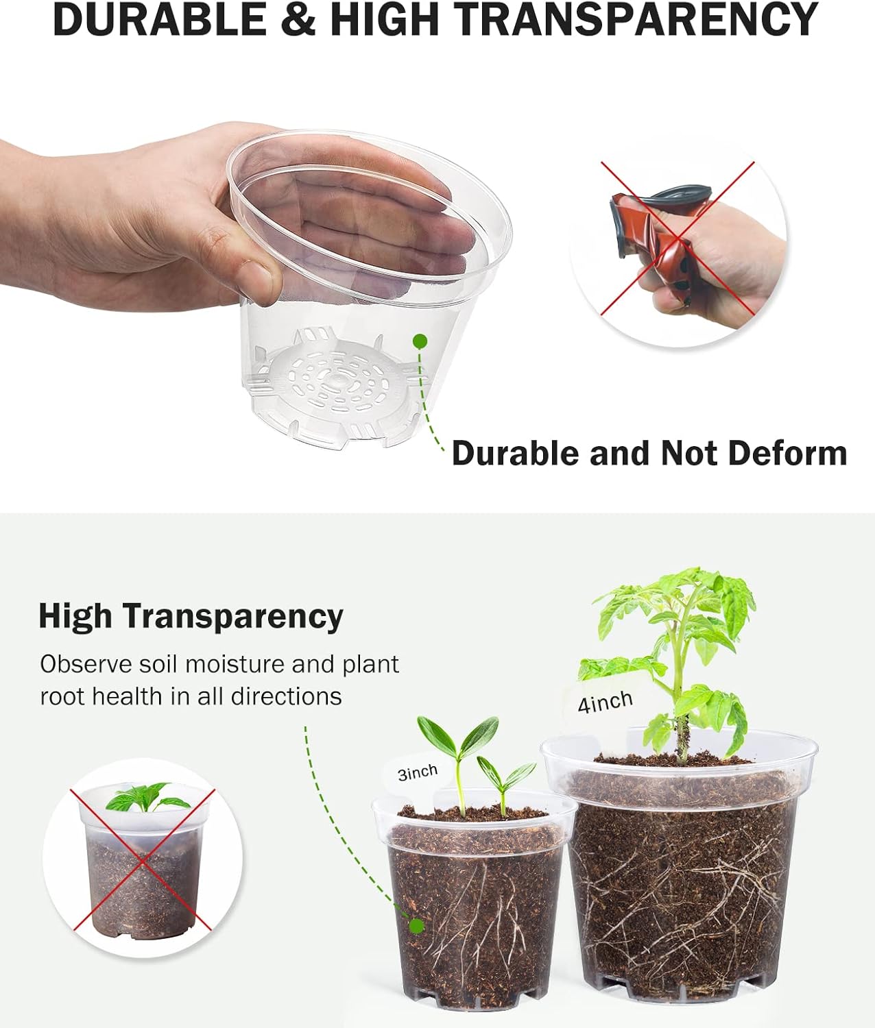 homenote Clear Nursery Pots for Plants,5 Inch Plant Pot for Planting Plastic Seedling with Drainage Holes Seed Starter Flower High Transparency with 20 Labels (30 Pack)
