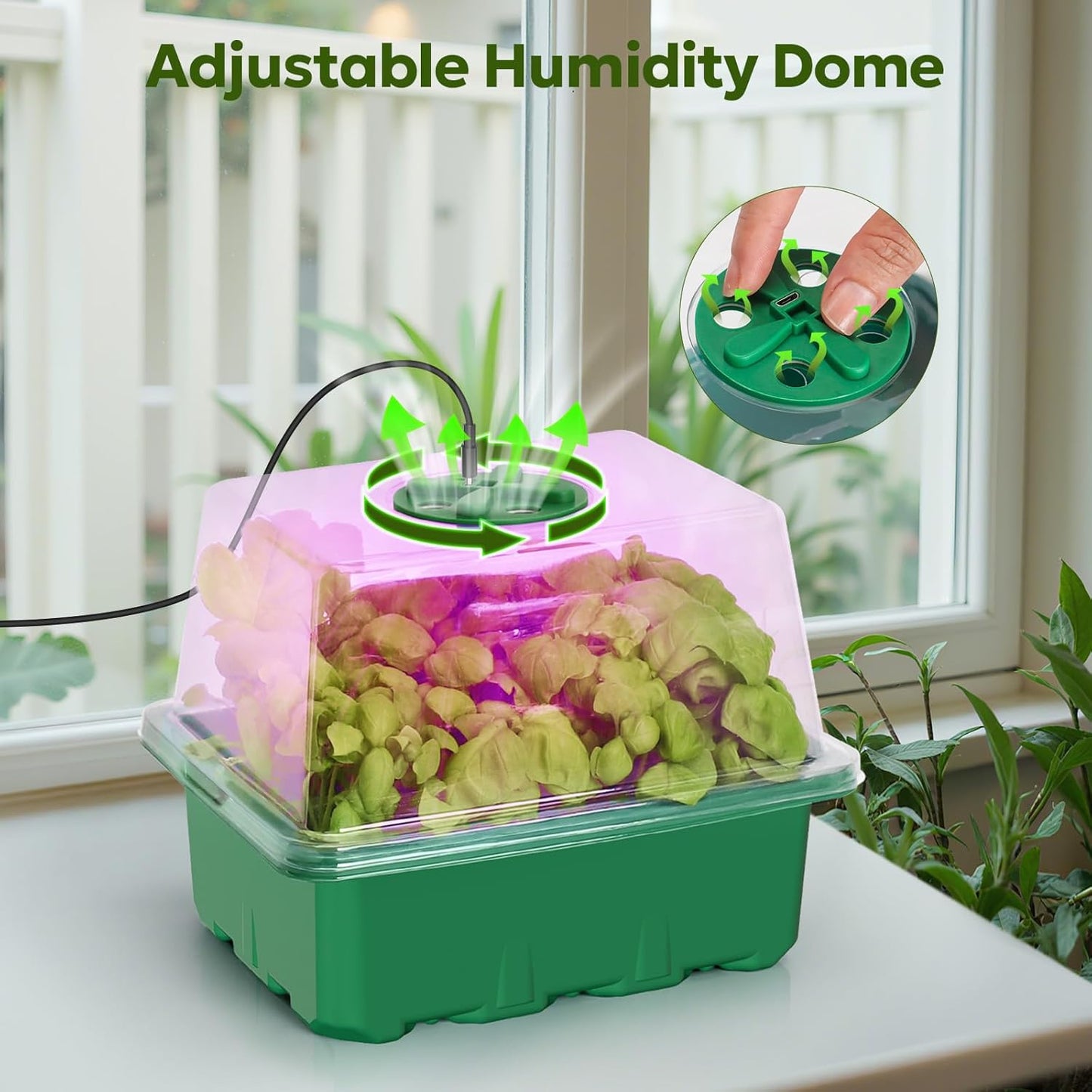 MIXC Seed Starter Kit with Grow Light, Elevated Seedling Tray Kit with Adjustable Humidity Dome and Clear Cell Tray, 12 Full Spectrum Led Beads for Seed Starting Greenhouse, 6 Pack, Green