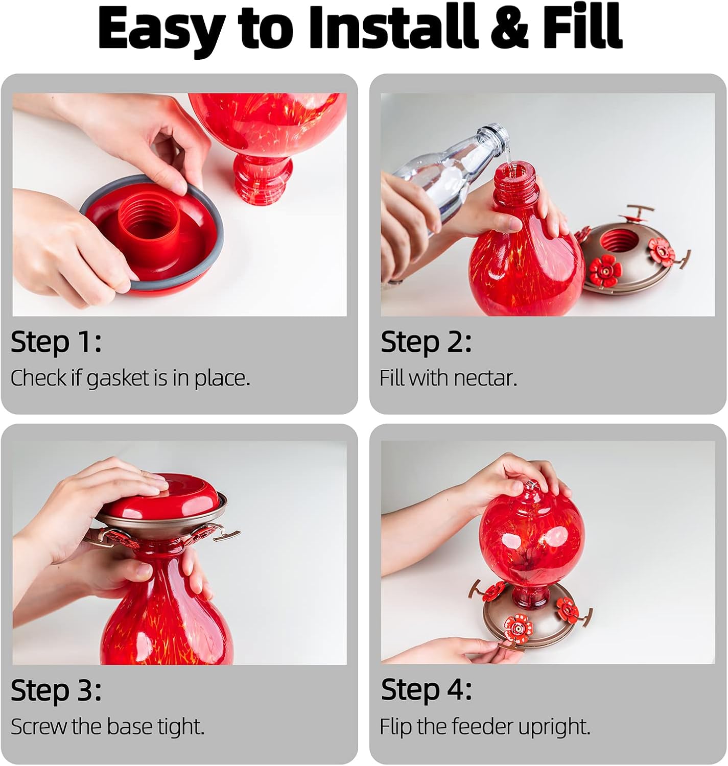 2 Packs Hummingbird Feeder for Outdoors Hanging Ant and Bee Proof, 32OZ Hand Blown Glass Hummingbird Feeders for Outside, Christmas Decoration Gifts for Mom (Teal & Red)