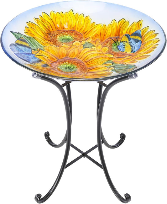 VCUTEKA Bird Baths for Outdoors, Glass Bird Bath with Metal Standing for Garden, Yards Patio Décor, Bird Lovers Gift, Sunflower Glass Birdbath Detachable (22" H * 18" W)