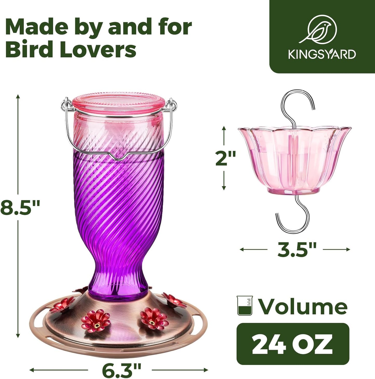 Kingsyard Glass Hummingbird Feeders for Outdoors, 24 oz Hummingbird Nectar Feeder for Outdoors Garden Yard D�cor, 6 Feeding Ports, Ant Moat Included, Easy to Clean & Refill, Purple