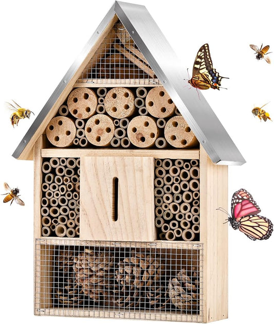 Wooden Mason Insect Bee Butterfly House,Insect Hotel,an Outdoor Hanging Bamboo Habitat for Bee Butterfly Ladybugs Live,Bee Box,Butterfly Habitat for Garden,9 x 15.7 x 2.5 Inch