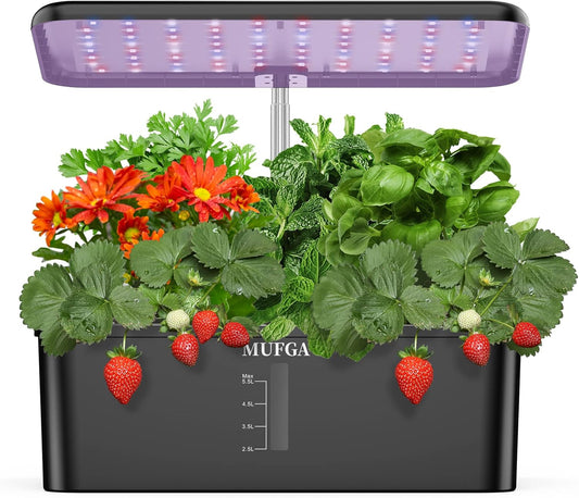 MUFGA 12 Pods Hydroponics Growing System, Indoor Garden with LED Grow Light, Plants Germination Kit, Mini Herb Garden with Pump System, Height Adjustable (No Seed)