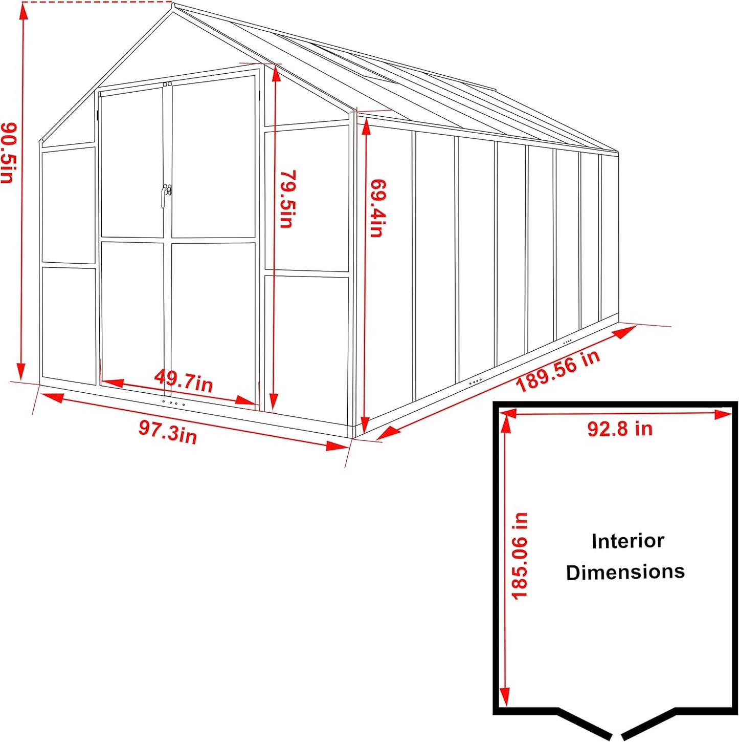 8x16 FT Polycarbonate Aluminum Greenhouse Kit, Outdoor Walk-in Green House with Adjustable Roof Vents and Lockable Door, Backyard Garden in Winter, Gray