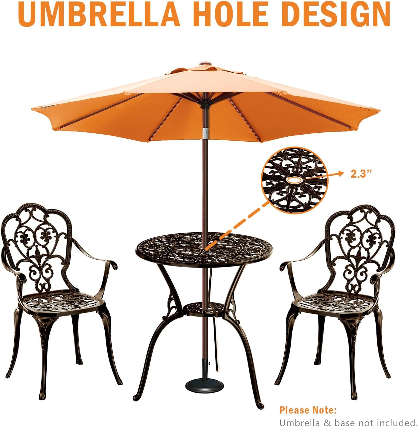 Patio Bistro Set of 2, Cast Aluminum, Outdoor Set w/Umbrella Hole, 3 Piece Table and Chairs Set, Bistro Set for Backyard/Garden/Lawn, Bronze