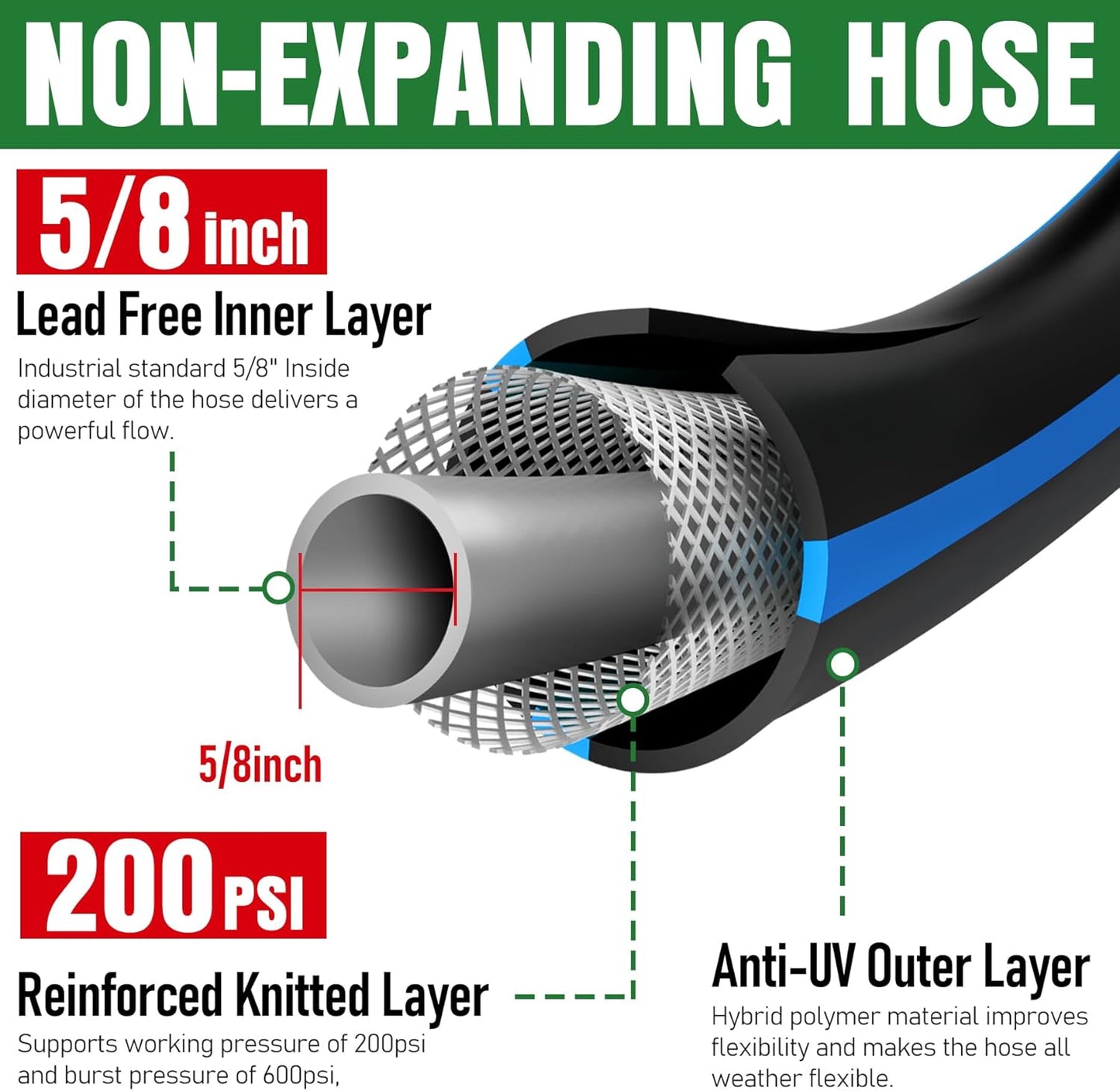 Heavy Duty Garden Hose 6ft, NON-EXPANDABLE Flexible Water Hose, Kink Resistant Lightweight Hybrid Hose, Leakproof Hose Male to Female Fittings