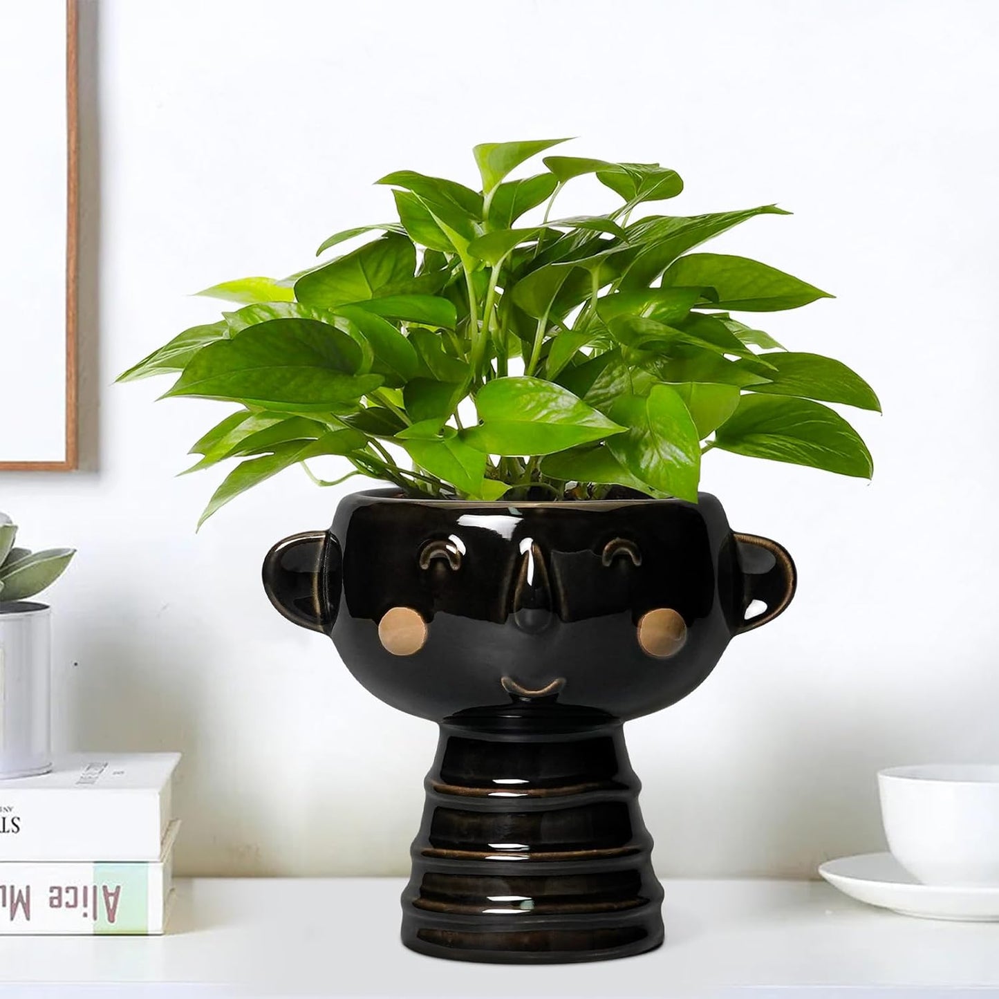 Face Planter - 7 Inch Ceramic Head Planters for Indoor Plants Outdoor, Cute Succulent Pots with Drainage Hole, Decorative Plant Pot, Home Office Room Decor, Black