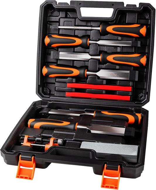 10Pcs Wood Chisel Sets, 6Pcs Premium Wood Chisels with Honing Guide, Sharpening Stone & Carpenter Pencils, Wood Carving Tools Kit for DIY & Professional Use (6-38mm)