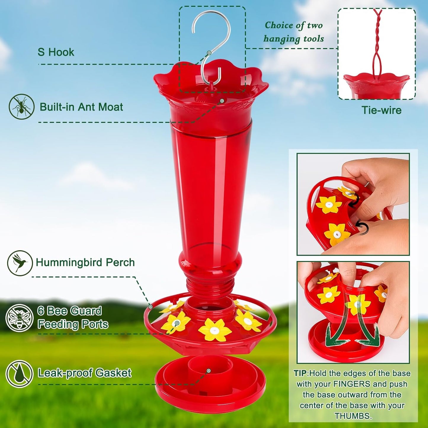 Glass Hummingbird Feeders for Outdoors Hanging Ant and Bee Proof Red 10 OZ Bird Feeders for Outside Hanging 6 Feeding Stations Bird Nectar Feeder for Garden Yard Décor Gifts for Mom